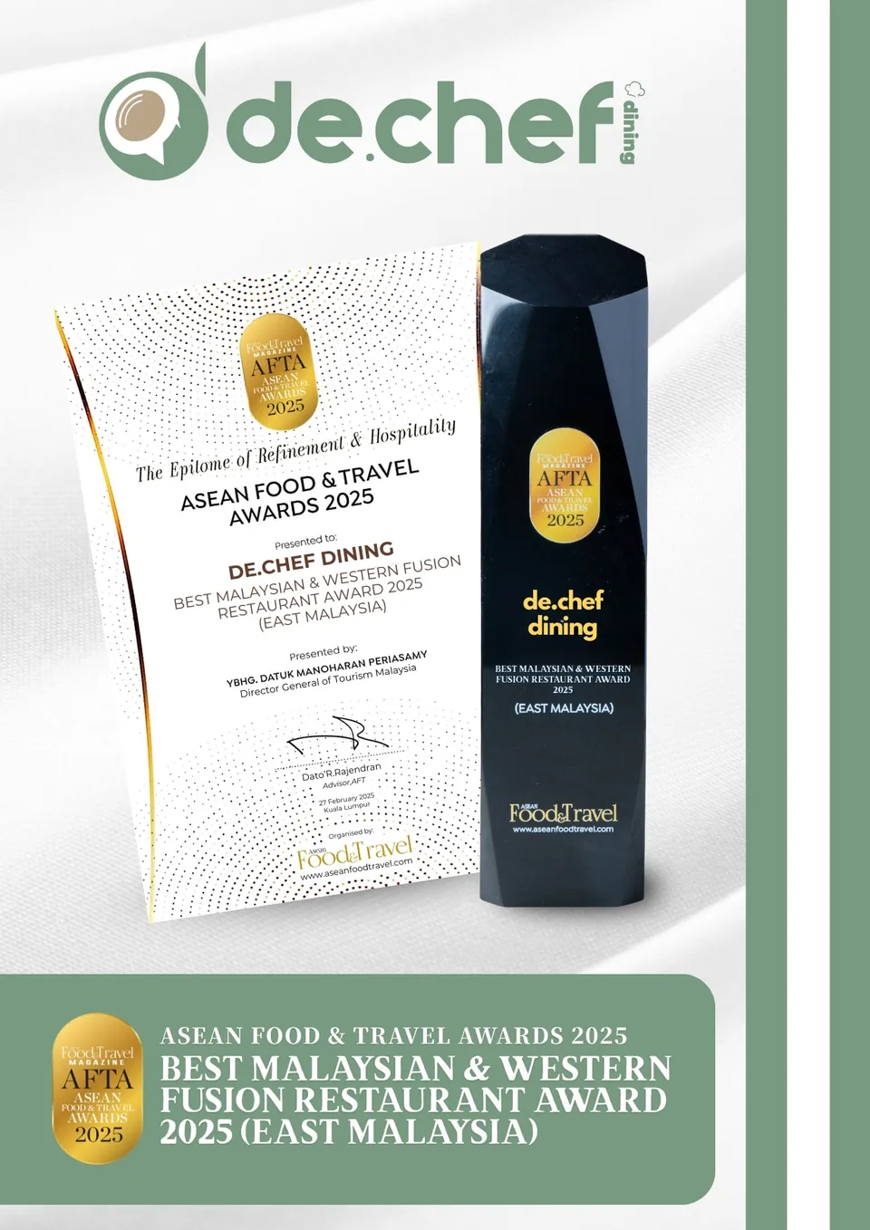 Certificate and trophy of the ASEAN Food & Travel Awards 2025